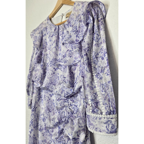 Dark Pink Dress Womens 8 Purple Floral Ruffle Boho Puff Sleeve Ruched Mini Femme - Picture 2 of 12